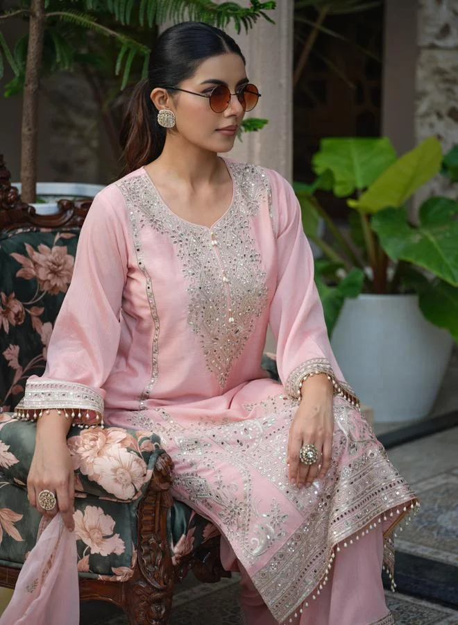 DW Women Floral Embroidered Straight Kurta and Palazzos with Dupatta Set